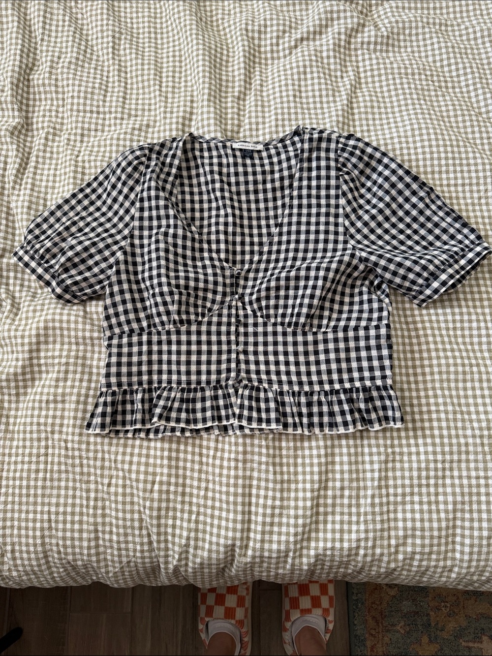 American Eagle | Black & White Gingham V-Neck Puff Sleeve Corset Shirt | L